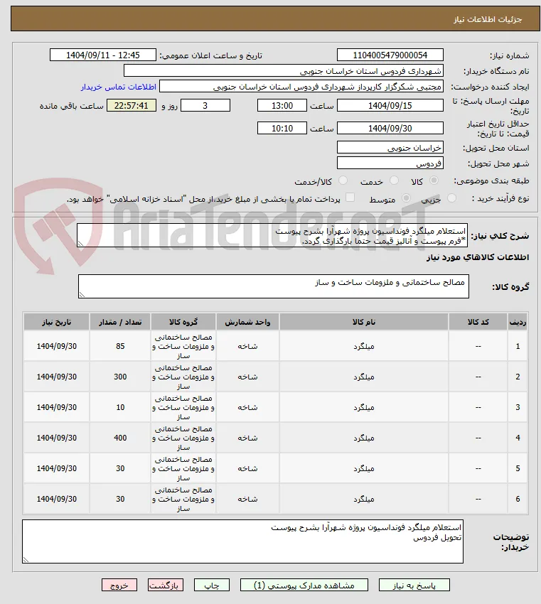استعلام میلگرد فونداسیون پروژه شهرآرا بشرح پیوست
*فرم پیوست و آنالیز قیمت حتما بارگذاری گردد.