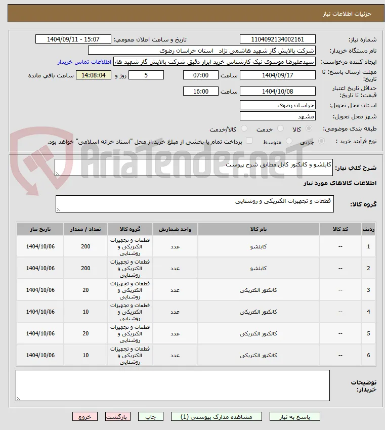 کابلشو و کانکتور کابل مطابق شرح پیوست