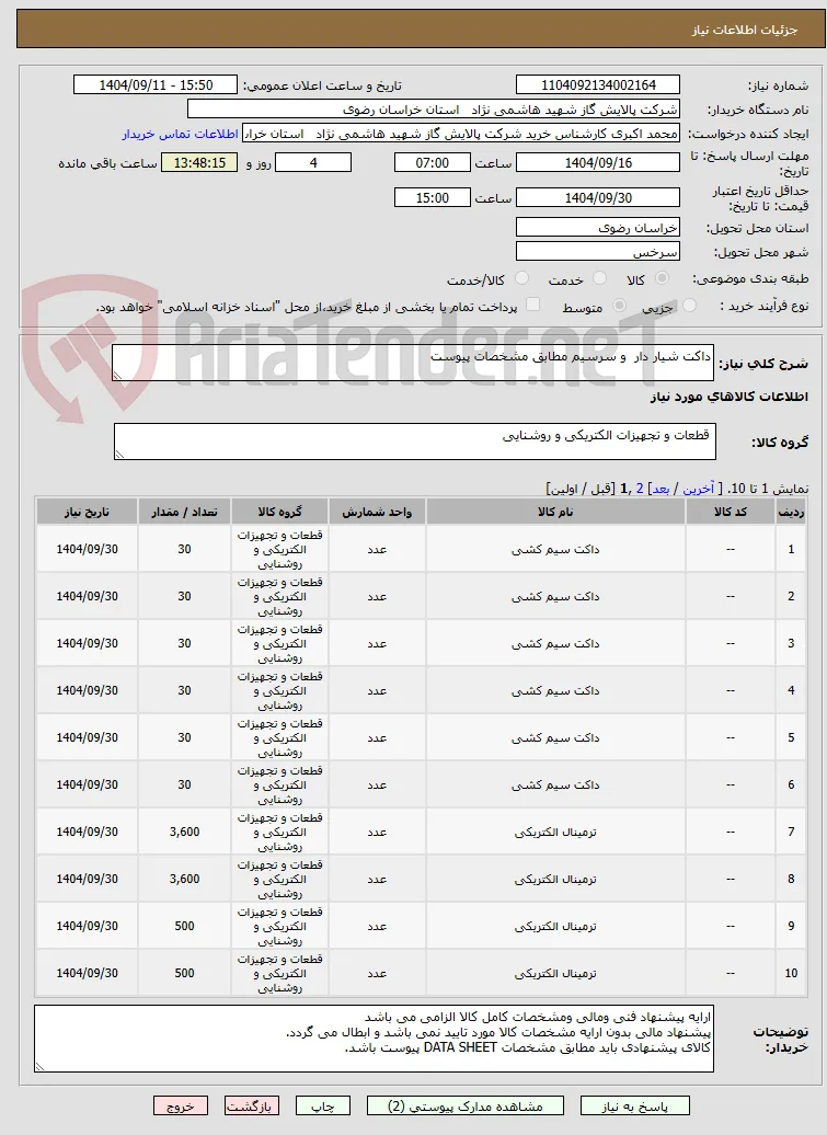 داکت شیار دار  و سرسیم مطابق مشخصات پیوست 