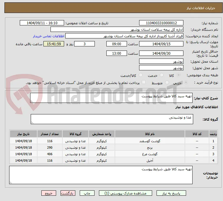 تهیه سبد کالا طبق شرایط پیوست