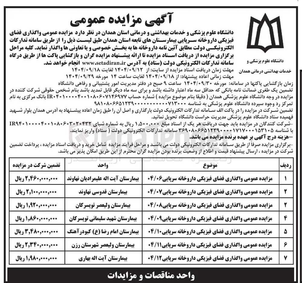 واگذاری فضای فیزیکی داروخانه سرپایی بیمارستانهای تابعه 