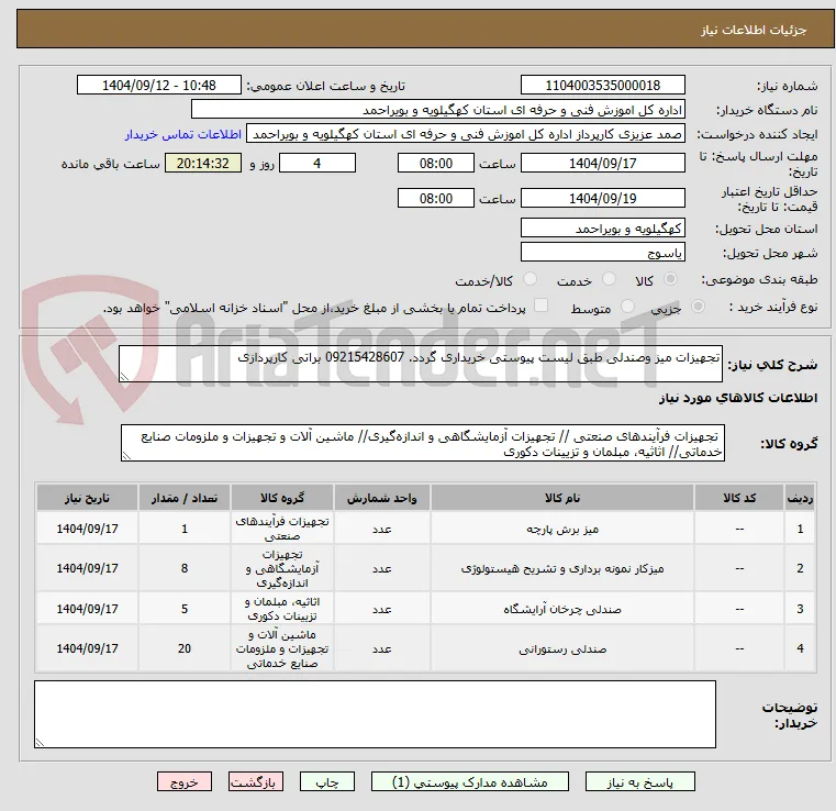 تجهیزات میز وصندلی طبق لیست پیوستی خریداری گردد. 09215428607 براتی کارپردازی 
