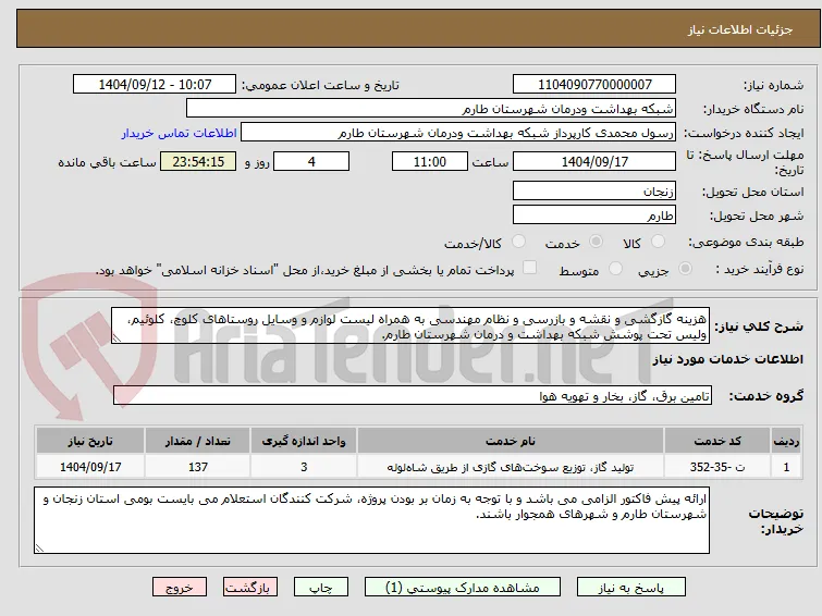 هزینه گازگشی و نقشه و بازرسی و نظام مهندسی به همراه لیست لوازم و وسایل روستاهای کلوچ، کلوئیم، ولیس تحت پوشش شبکه بهداشت و درمان شهرستان طارم.