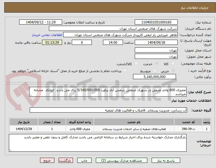 ممیزی 600 واحد صنفی در شهرک صنعتی شمس اباد براورد 5/160/000/000 ریال می باشد  ایرانکد  مشابه میباشد 
