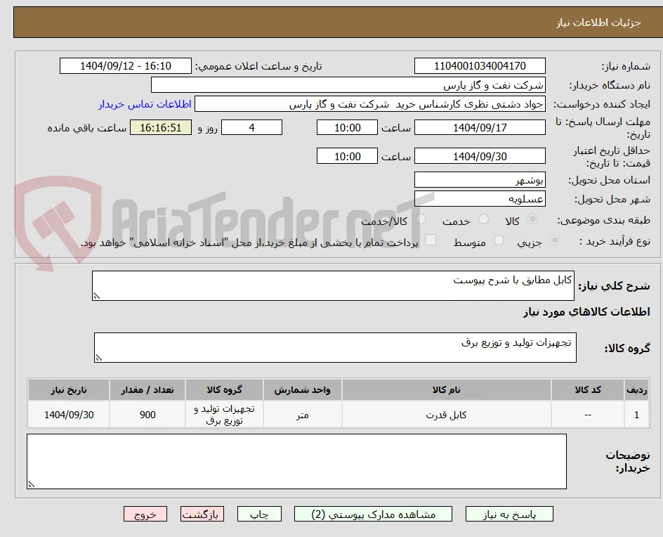 کابل مطابق با شرح پیوست 