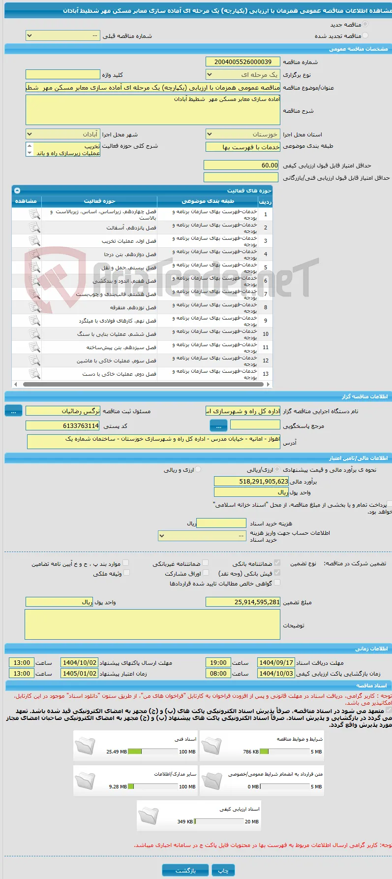 مناقصه عمومی همزمان با ارزیابی (یکپارچه) یک مرحله ای آماده سازی معابر مسکن مهر  شطیط آبادان