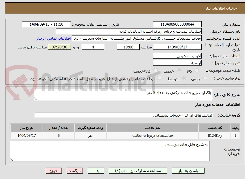 واگذاری نیرو های شرکتی به تعداد 5 نفر
