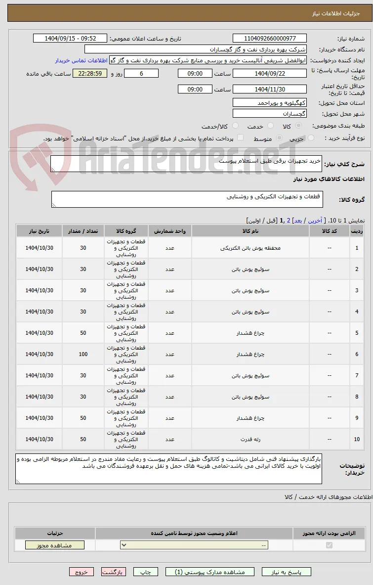 خرید تجهیزات برقی طبق استعلام پیوست