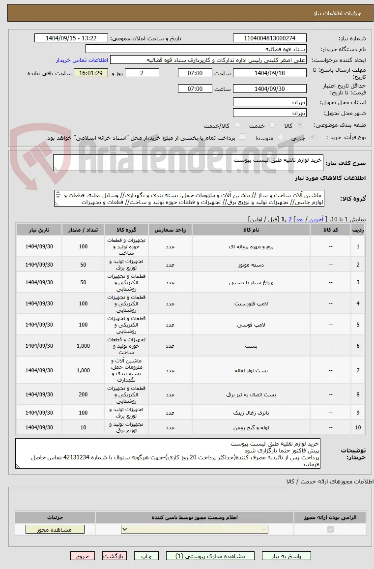 خرید لوازم نقلیه طبق لیست پیوست 