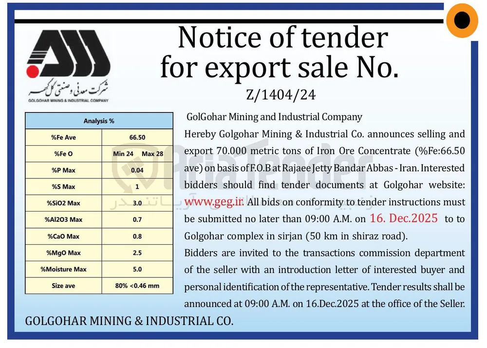 and selling announces  Concentrate Ore Iron of tons metric 70.000 export