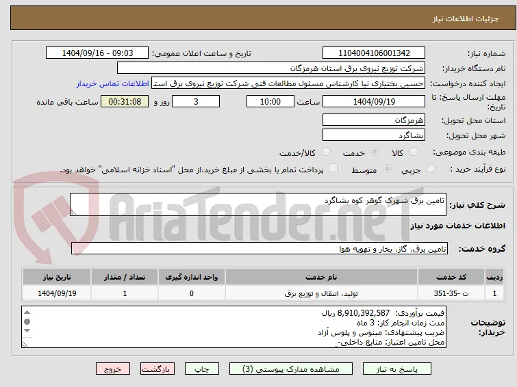 تامین برق شهرک گوهر کوه بشاگرد