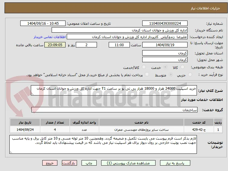 خرید اسپلیت 24000 هزار و 18000 هزار بی تی یو بر ساعت T1 جهت اداره کل ورزش و جوانان استان کرمان