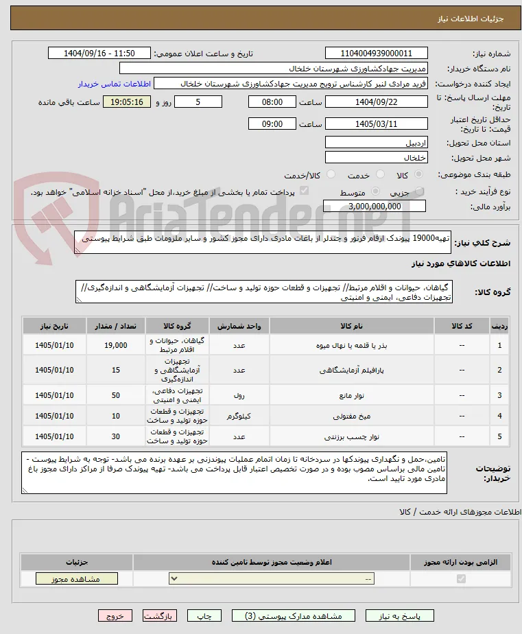 تهیه19000 پیوندک ارقام فرنور و چندلر از باغات مادری دارای مجوز کشور و سایر ملزومات طبق شرایط پیوستی