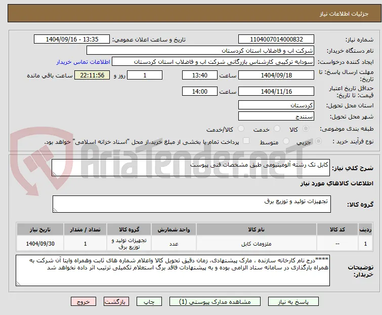 کابل تک رشته آلومینیومی طبق مشخصات فنی پیوست 