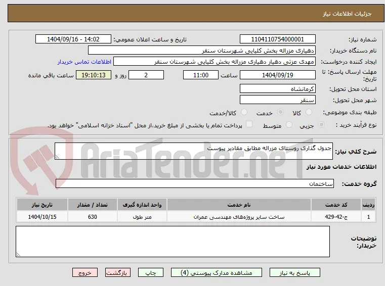 جدول گذاری روستای مزراله مطابق مقادیر پیوست 