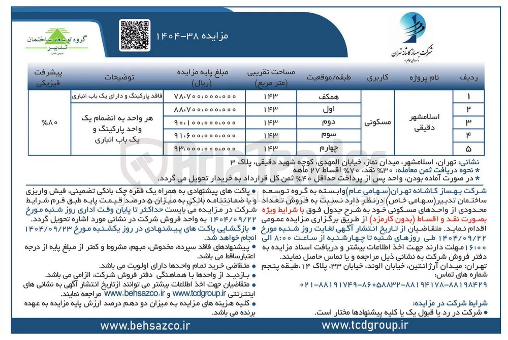  فروش تعداد محدودی از واحدهای مسکونی