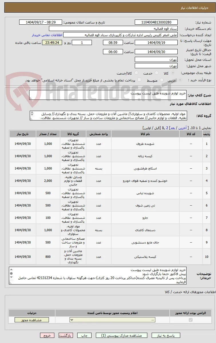 خرید لوازم شوینده طبق لیست پیوست