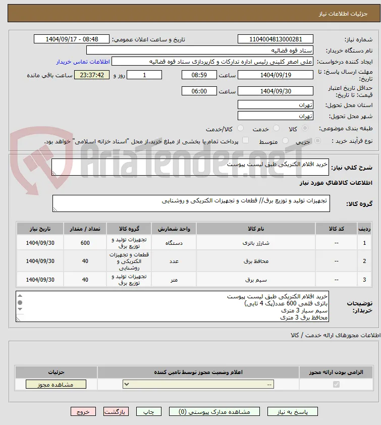 خرید اقلام الکتریکی طبق لیست پیوست 