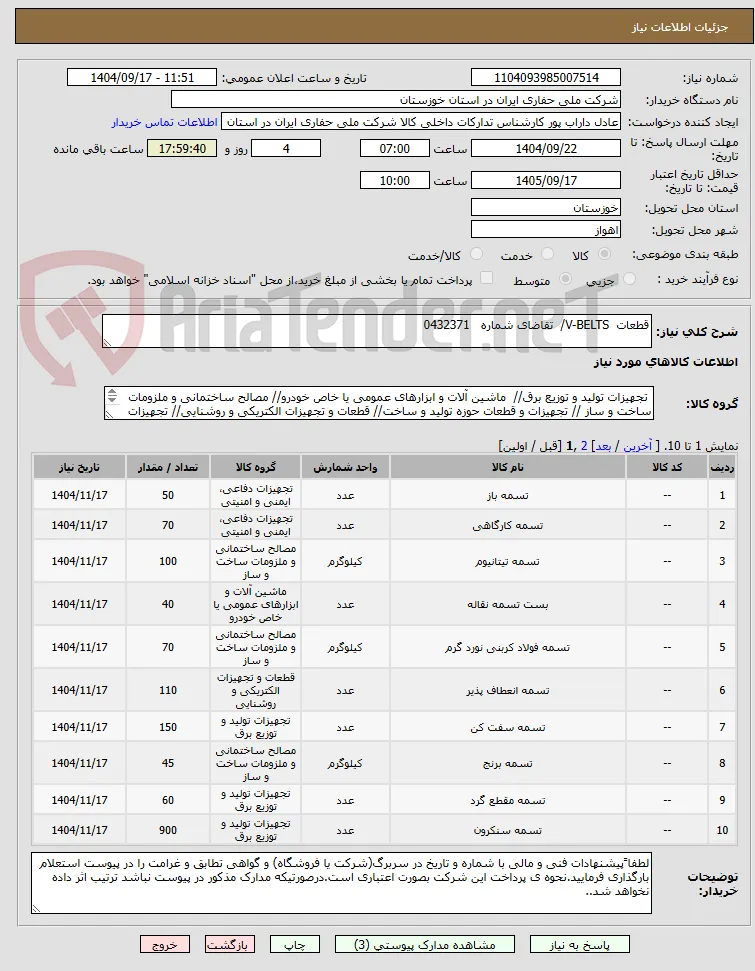 قطعات  V-BELTS/  تقاضای شماره   0432371