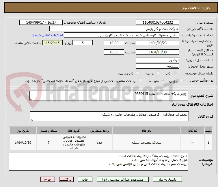 لوازم شبکه-تقاضای شماره 9350415