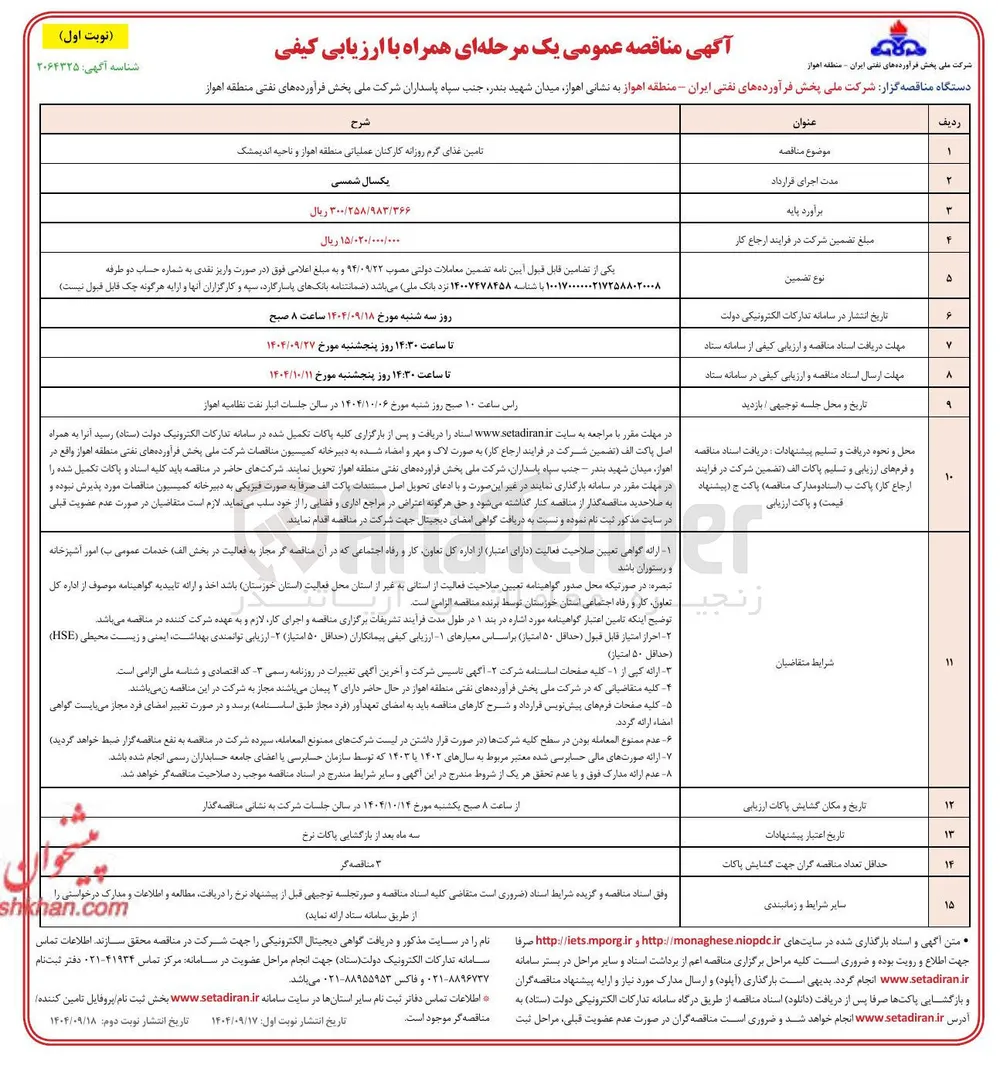 تامین غذای گرم روزانه کارکنان عملیاتی