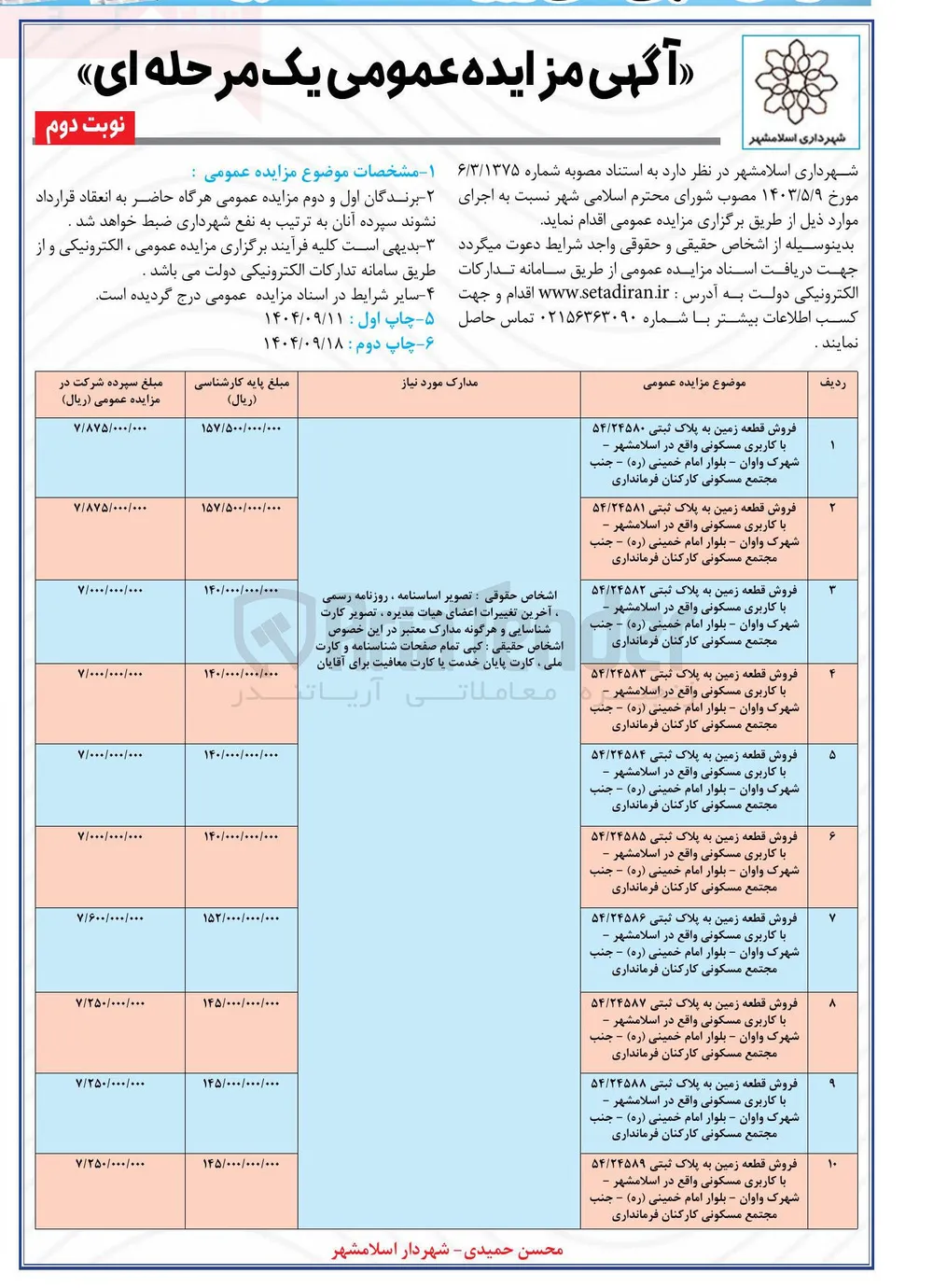 فروش قطعه زمین به پلاک ثبتی ۵۴/۲۴۵۸۶ با کاربری مسکونی