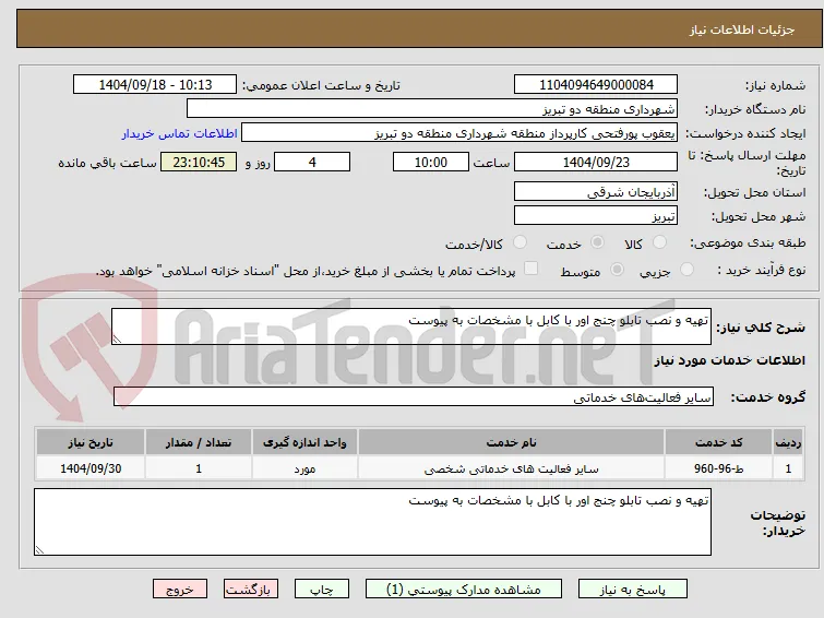 تهیه و نصب تابلو چنج اور با کابل با مشخصات به پیوست