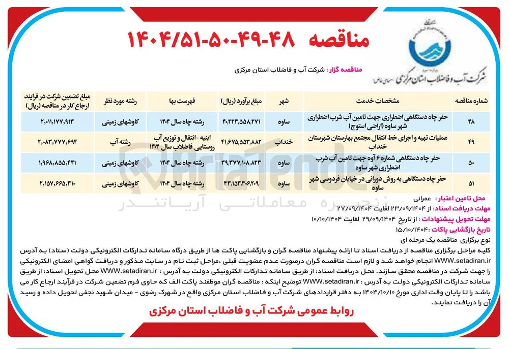 حفر چاه دستگاهی اضطراری جهت تامین آب شرب اضطراری شهر ساوه اراضی استوج 
