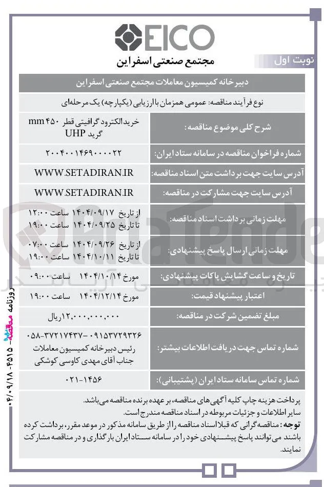 خرید الکترود گرافیتی قطر ۴۵۰ mm گرید UHP 
