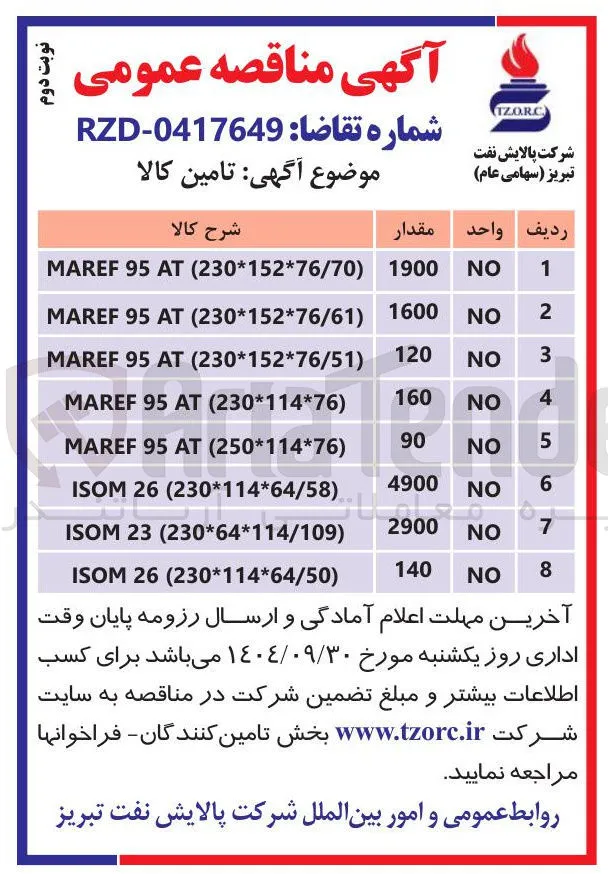 تامین ) 250*114*76 ( AT 95 MAREF 