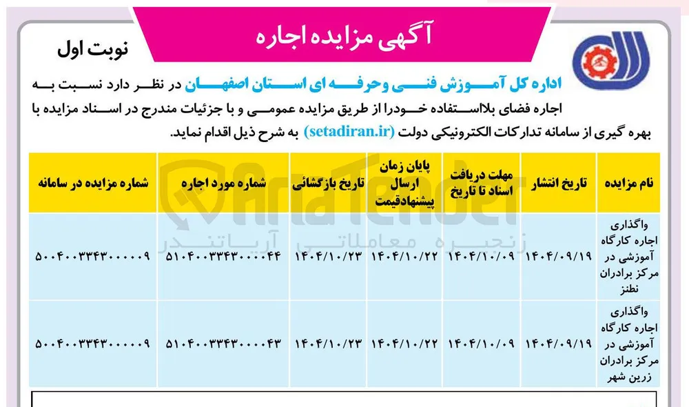 واگذاری اجاره کارگاه آموزشی