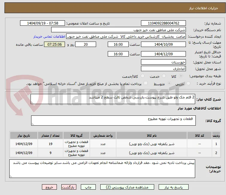 2 قلم چک ولو طبق شرح پیوست،بازرسی شخص ثالث سطح 2 میباشد