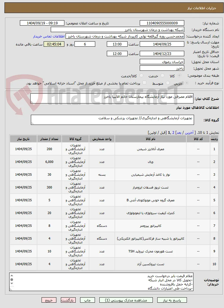 اقلام مصرفی مورد نیاز آزمایشگاه بیمارستان خاتم الانبیا باخرز
