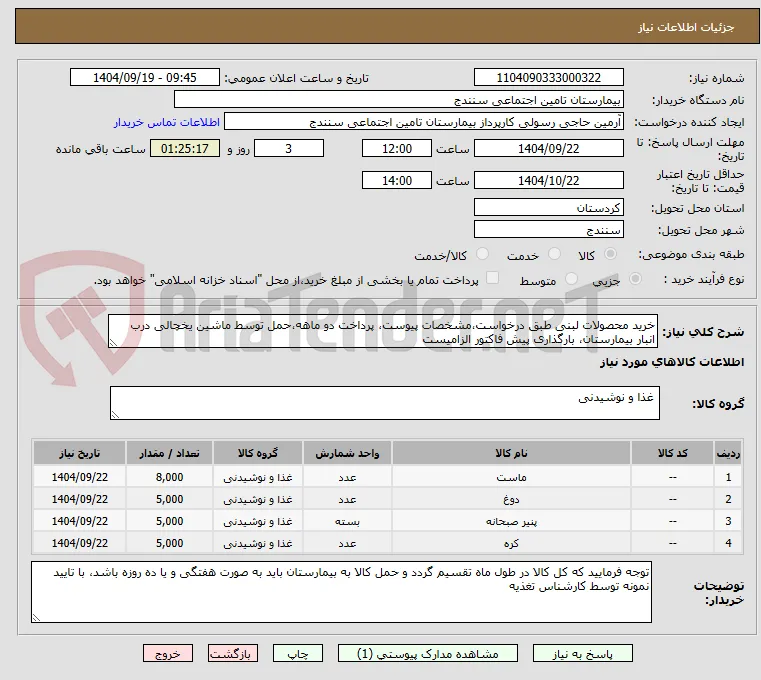 خرید محصولات لبنی طبق درخواست،مشخصات پیوست، پرداخت دو ماهه،حمل توسط ماشین یخچالی درب انبار بیمارستان، بارگذاری پیش فاکتور الزامیست