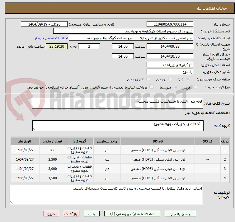 لوله پلی اتیلن با مشخصات لیست پیوستی