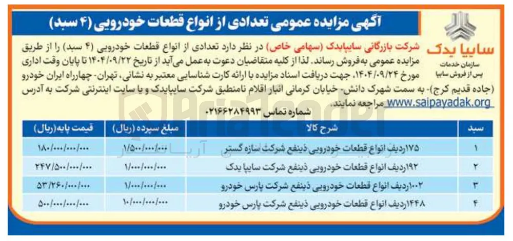 فروش تعدادی از انواع قطعات خودرویی (۴ سبد) 