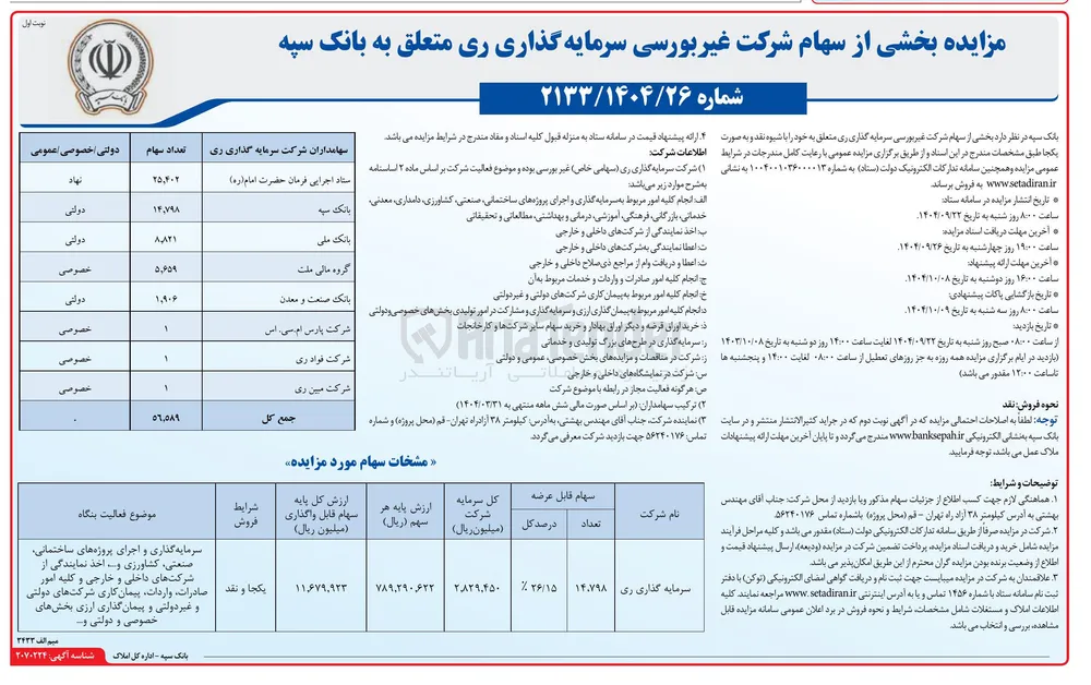 مزایده بخشی از سهام شرکت