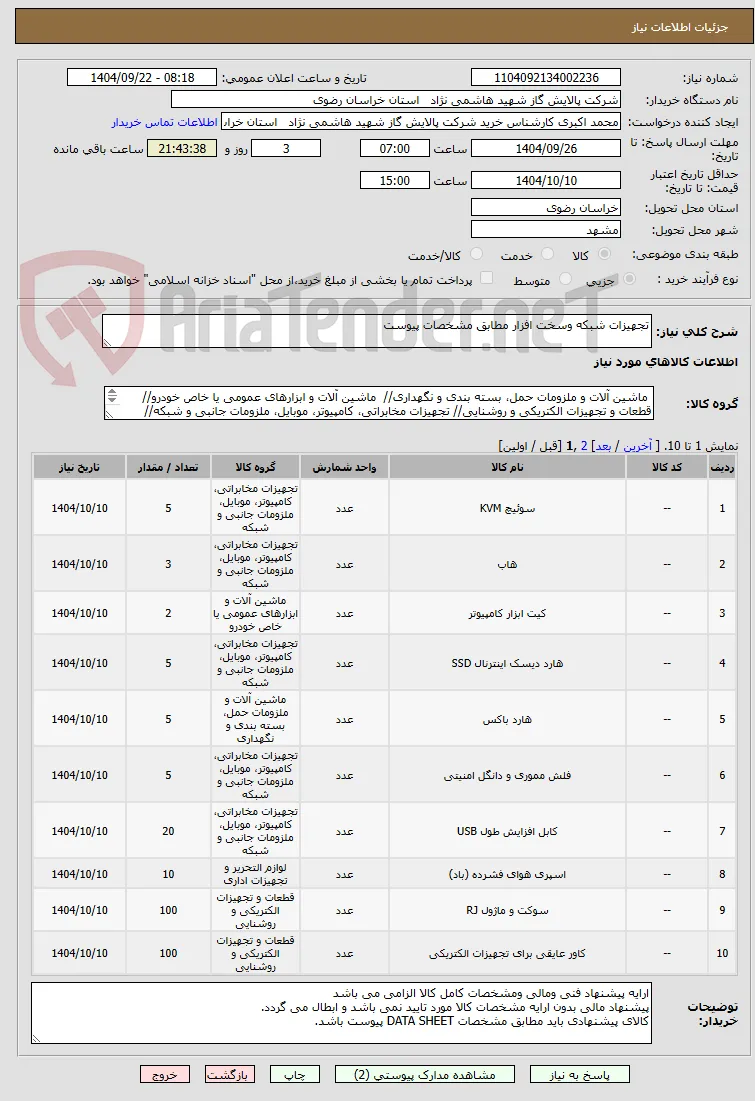 تجهیزات شبکه وسخت افزار مطابق مشخصات پیوست 