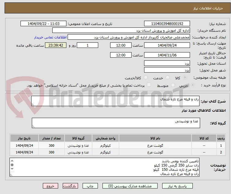 ران و فیله مرغ تازه شمال
