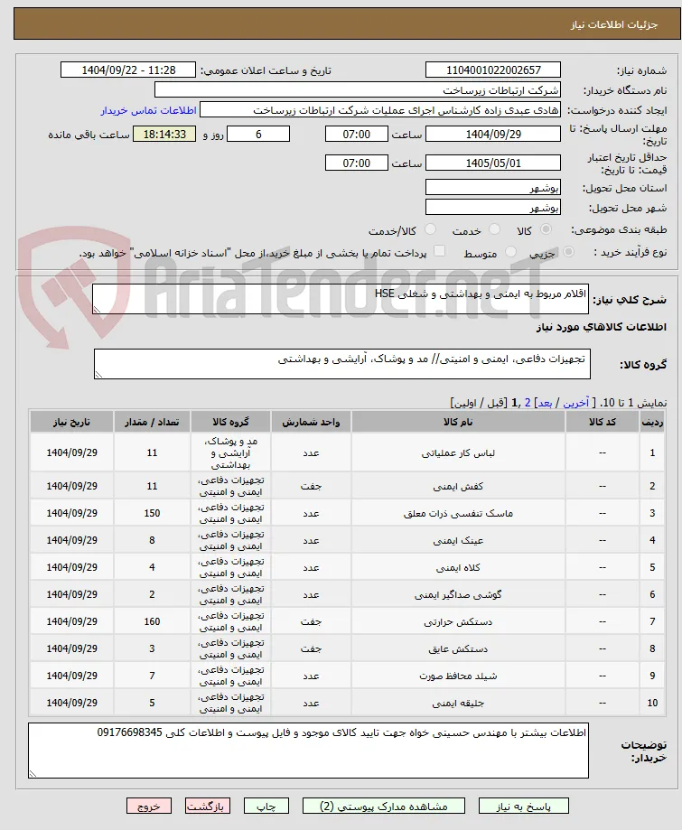 اقلام مربوط به ایمنی و بهداشتی و شغلی HSE