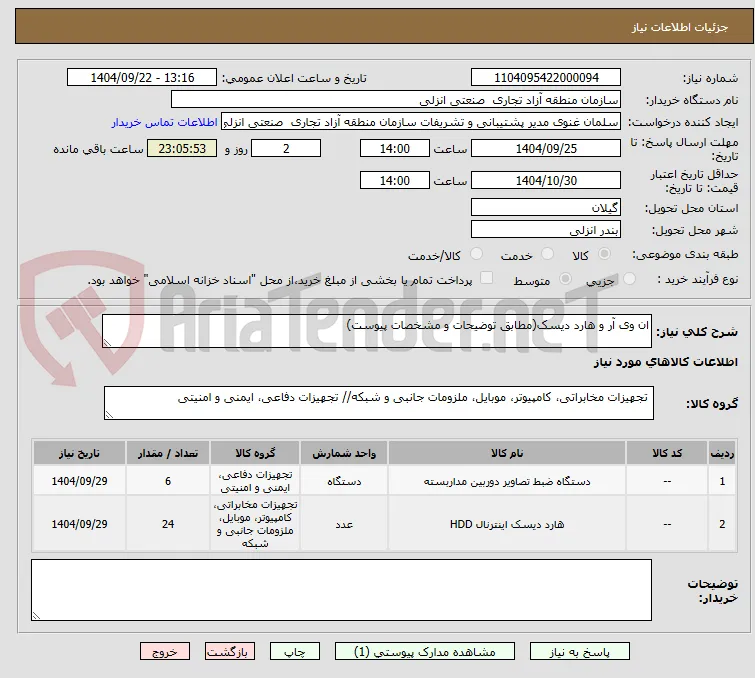 ان وی آر و هارد دیسک(مطابق توضیحات و مشخصات پیوست)