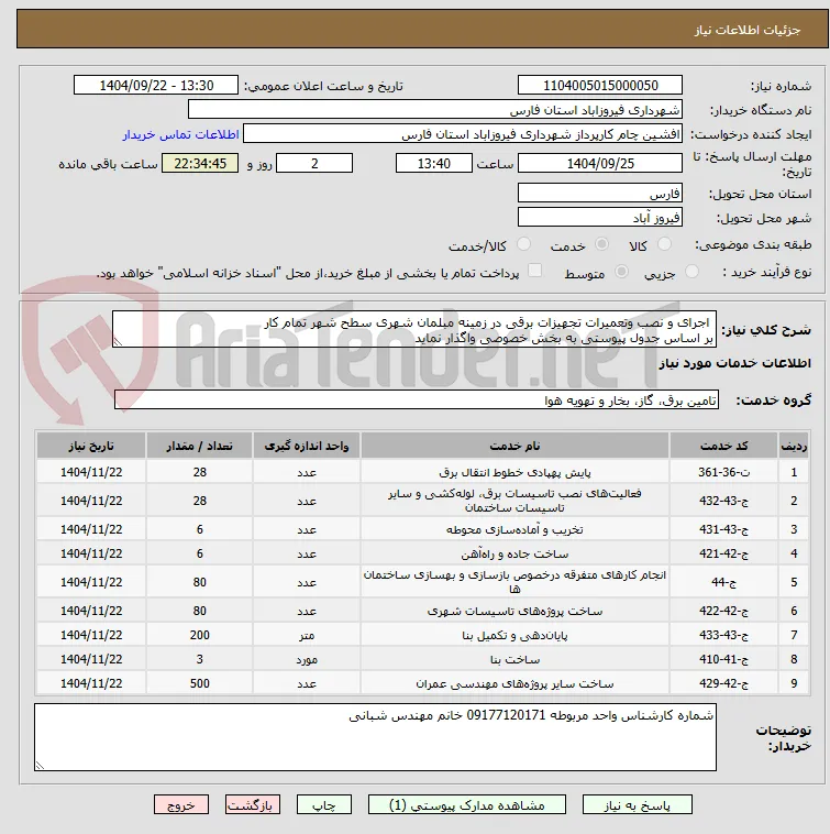  اجرای و نصب وتعمیرات تجهیزات برقی در زمینه مبلمان شهری سطح شهر تمام کار
بر اساس جدول پیوستی به بخش خصوصی واگذار نماید