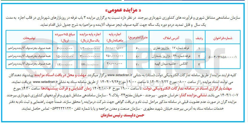  مزایده ۳ باب غرفه در روز بازارهای شهرداری 