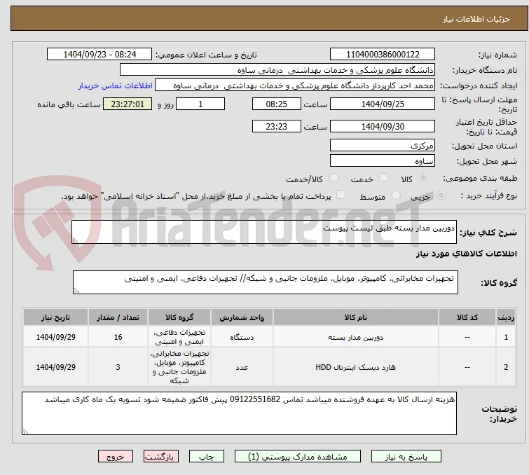 دوربین مدار بسته طبق لیست پیوست
