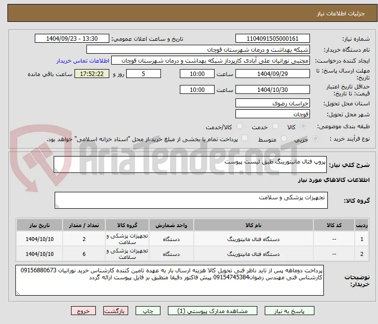 پروپ فتال مانیتورینگ طبق لیست پیوست