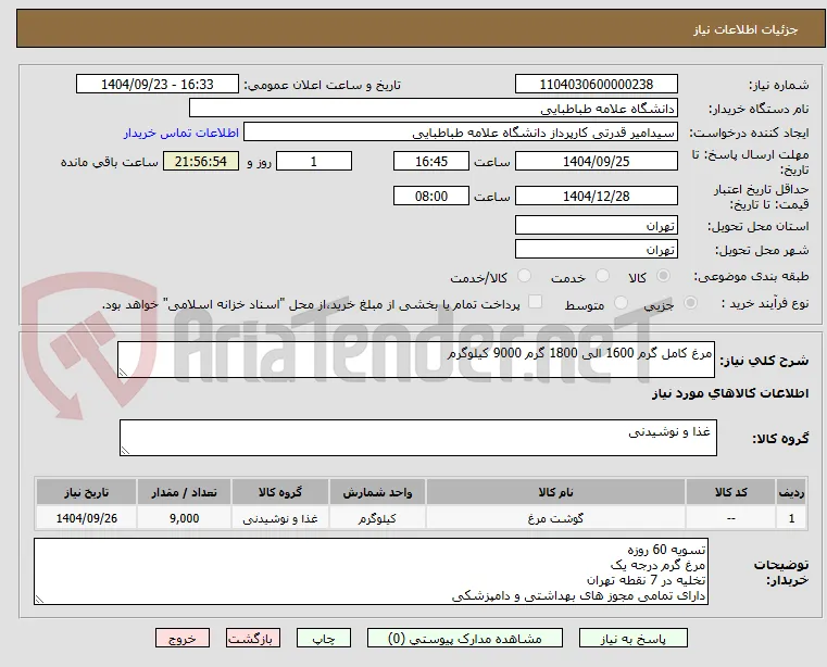 مرغ کامل گرم 1600 الی 1800 گرم 9000 کیلوگرم