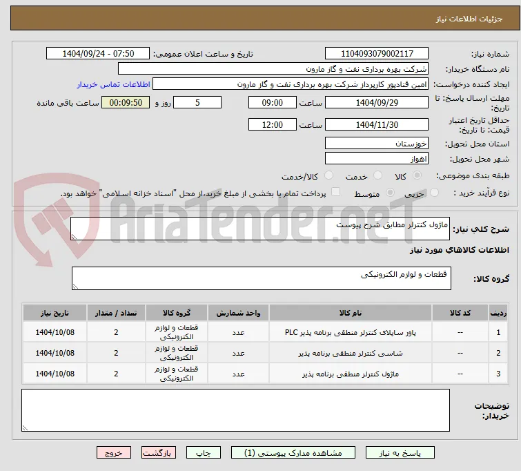 ماژول کنترلر مطابق شرح پیوست