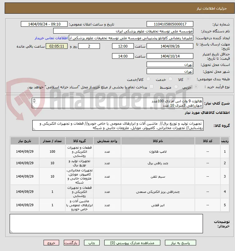 هالوژن 9 وات اس ام دی 100عدد
چهارراهی 3متری 10 عدد
سیم تلفن 5 متری 10 عدد
سه راهی صنعتی مدل s34 (کله گاوی)  1عدد
انبر قفلی 1 عدد