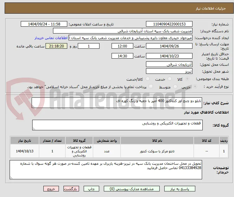 تابلو دو چنج اور کنتاکتور 400 آمپر با جعبه و رنگ کوره ای
