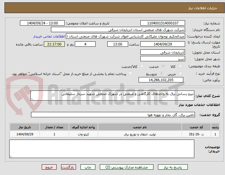نیرو رسانی برق به واحدهای کارگاهی و صنعتی در شهرک صنعتی شهید سردار سلیمانی